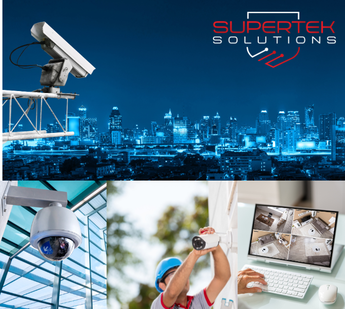 City skyline monitored by security cameras, a technician installing the security camera, access to surveillance footage from a laptop. 